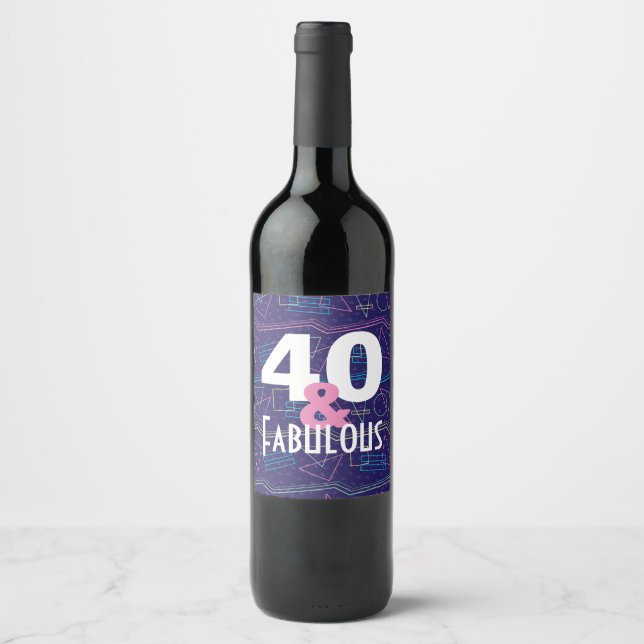 40 and Fabulous Geometric Blue 80s Pattern Wine Label (Front)