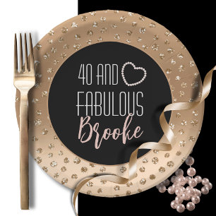 40 and Fabulous Girly Stylish Gold Black Blush Paper Plates