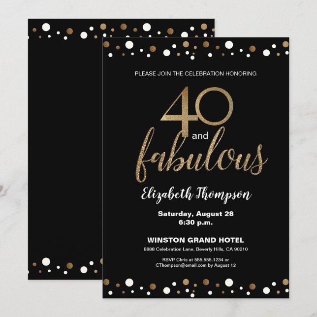 40 and fabulous Gold black 40th birthday Custom Invitation (Front/Back)
