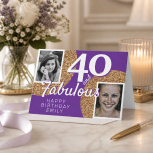 40 and Fabulous Gold Glitter 2 Photo 40th Birthday Card