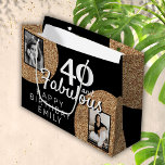 40 and Fabulous Gold Glitter 2 Photo 40th Birthday Large Gift Bag<br><div class="desc">40 and Fabulous Gold Glitter 2 Photo 40th Birthday Gift Bag. Faux gold glitter on black with 2 photos - you can use an old and a new photo. Add your name and age and make a great elegant personalized gift bag for the milestone birthday celebration.</div>