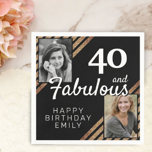 40 and Fabulous Gold Glitter 2 Photo 40th Birthday Napkins