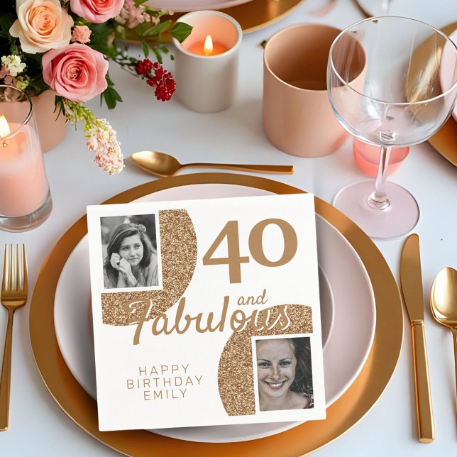 40 and Fabulous Gold Glitter 2 Photo 40th Birthday Napkins (Creator Uploaded)