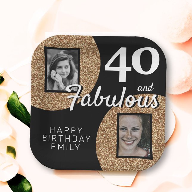 40 and Fabulous Gold Glitter 2 Photo 40th Birthday Paper Plates (Creator Uploaded)