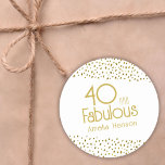 40 and Fabulous Gold Glitter 40th Birthday Classic Round Sticker<br><div class="desc">40 and Fabulous Gold Glitter 40th Birthday Round Sticker. Modern and elegant birthday sticker with trendy typography and faux gold glitter spots. The design has a custom name. Make personalized 40th birthday sticker for her.</div>