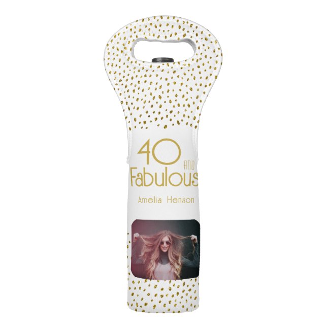 40 and Fabulous Gold Glitter 40th Birthday Photo Wine Bag (Front)