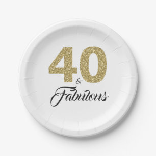 40 and Fabulous Gold Glitter Birthday Party Paper Plates