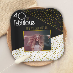 40 and Fabulous Gold Glitter Photo 40th Birthday Paper Plates