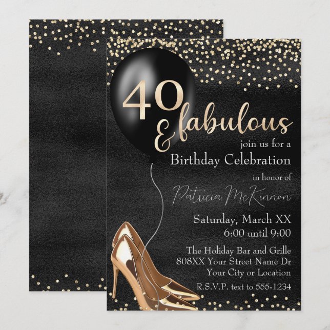40 and Fabulous Gold High Heels on Black Invitation (Front/Back)