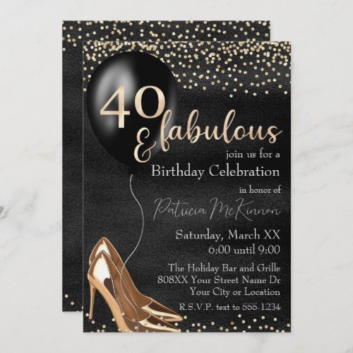 40 and Fabulous Gold High Heels on Black Invitation