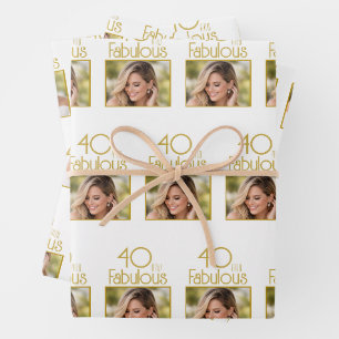 40 and Fabulous Gold White Photo 40th Birthday Wrapping Paper Sheets
