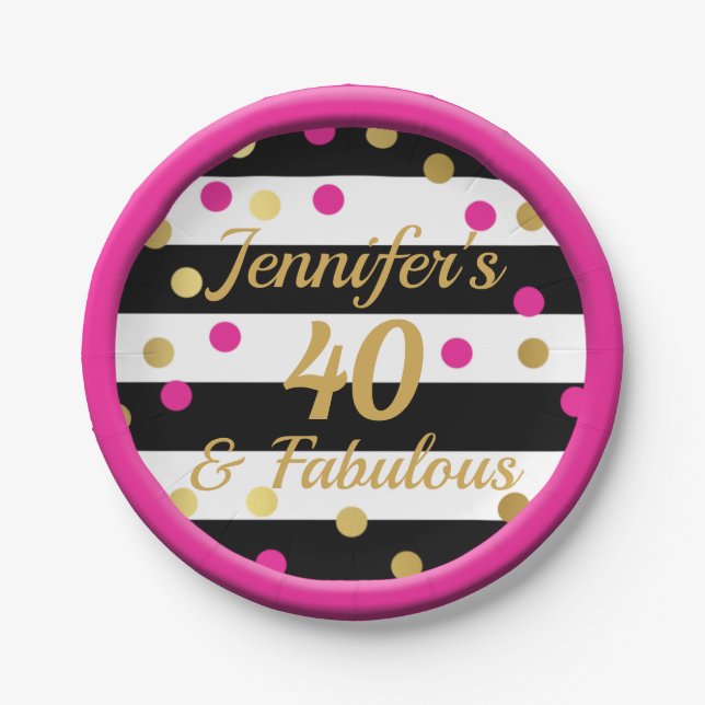 40 and Fabulous Hot Pink Black White Gold Birthday Paper Plates (Front)