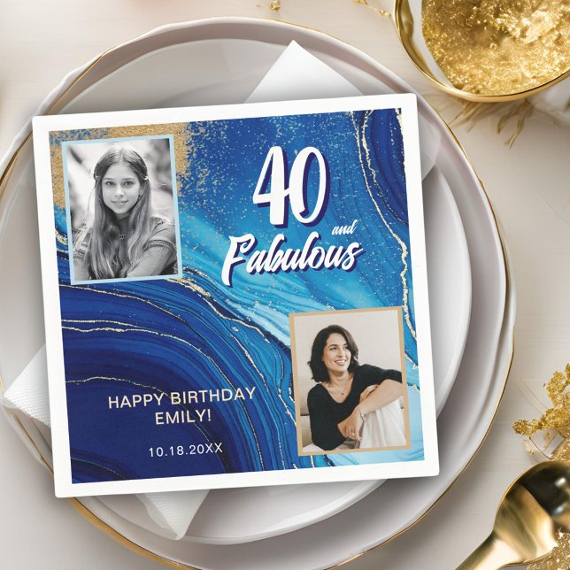 40 and Fabulous Marble Glitter 2 Photo Birthday Napkins (Creator Uploaded)