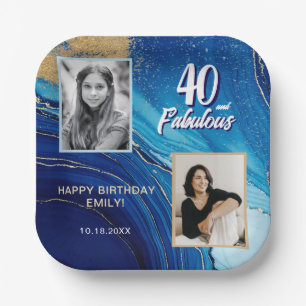40 and Fabulous Marble Glitter 2 Photo Birthday Paper Plates