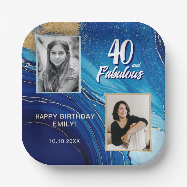 40 and Fabulous Marble Glitter 2 Photo Birthday Paper Plates (Front)