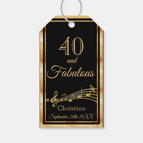 40 and fabulous music notes black gold name gift tags