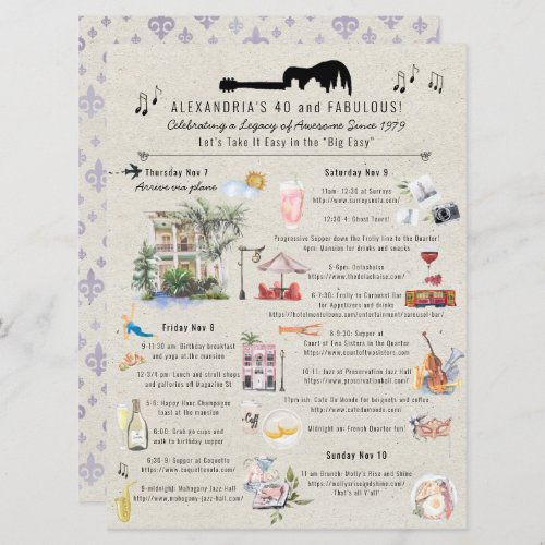 40 and Fabulous  New Orleans Birthday Itinerary Invitation