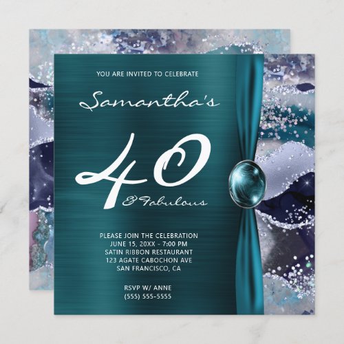 40 and Fabulous Ocean Blue Teal Agate Birthday Invitation