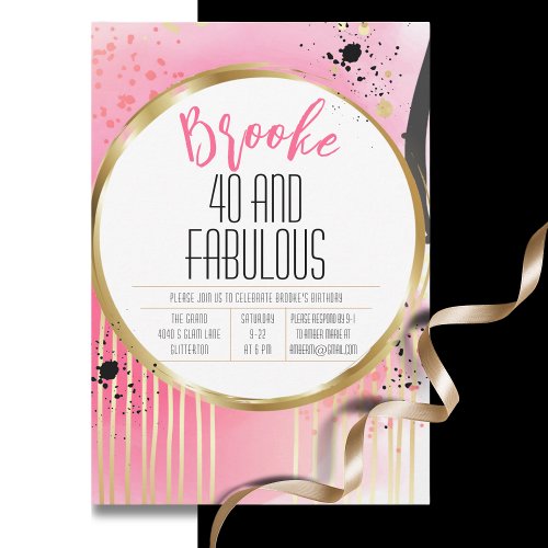 40 and Fabulous Pink Black Abstract 40th Birthday  Invitation