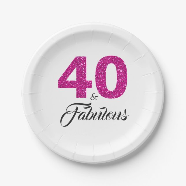 40 and Fabulous Pink Glitter 40th Birthday Party Paper Plates (Front)