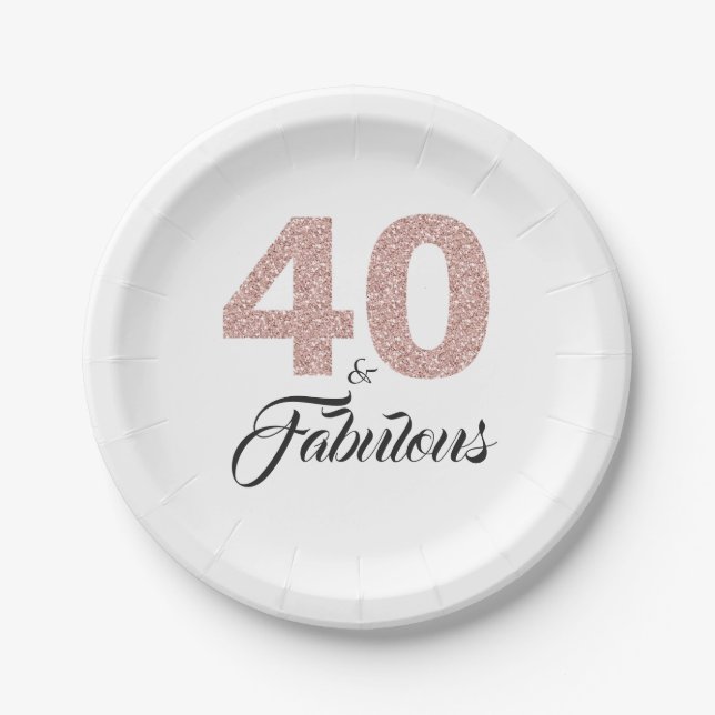 40 and Fabulous Pink Glitter 40th Birthday Party Paper Plates (Front)