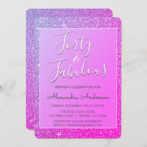 40 and Fabulous Pink Purple Glitter Invitation