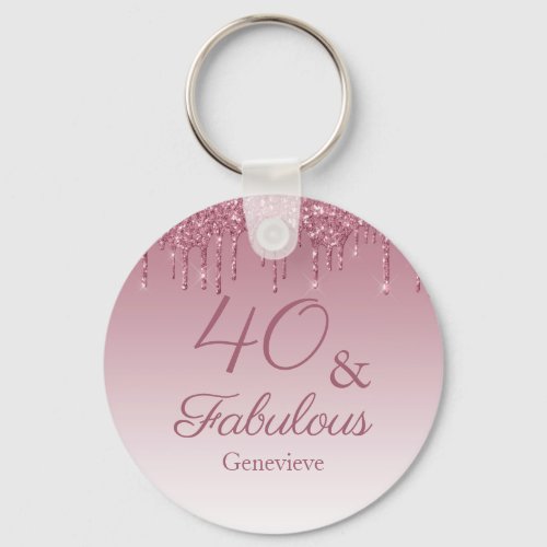 40 and Fabulous Rose Gold Pink Dripping Glitter Keychain