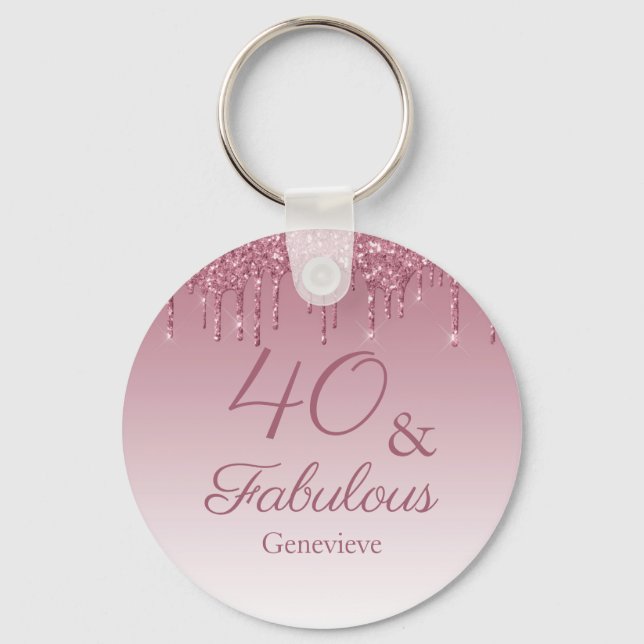 40 and Fabulous Rose Gold Pink Dripping Glitter Keychain (Front)