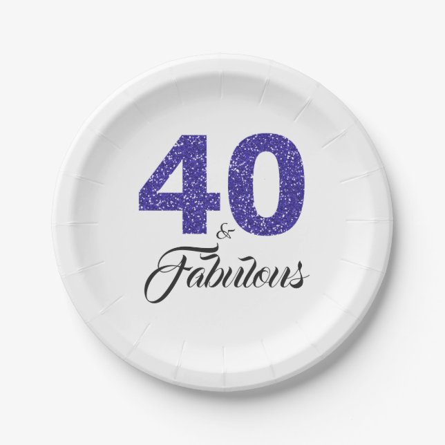 40 and Fabulous Royal Blue Glitter Birthday Party Paper Plates (Front)