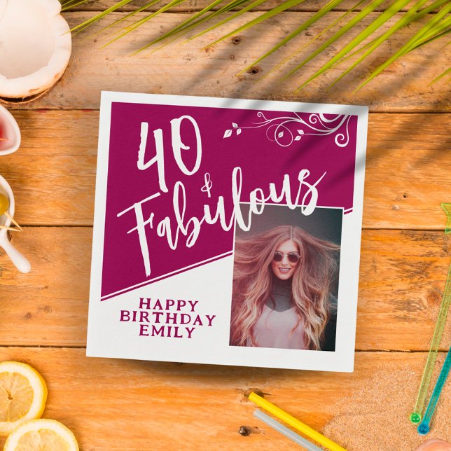 40 and Fabulous Script Photo Magenta 40th Birthday Napkins (Creator Uploaded)