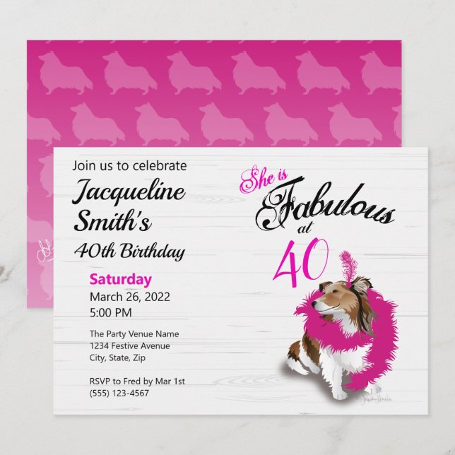 40 and Fabulous Sheltie Pink Scarf Invitation (Front/Back)