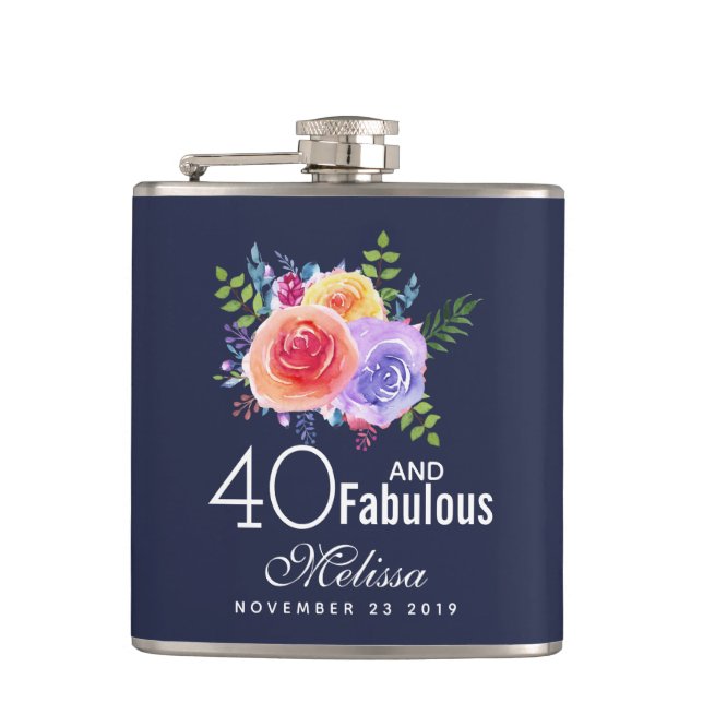 40 and Fabulous Text - Watercolor Floral Birthday Flask (Front)