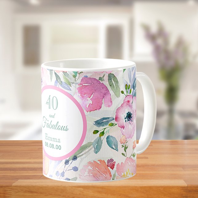 40 and fabulous watercolored pink flowers boho coffee mug
