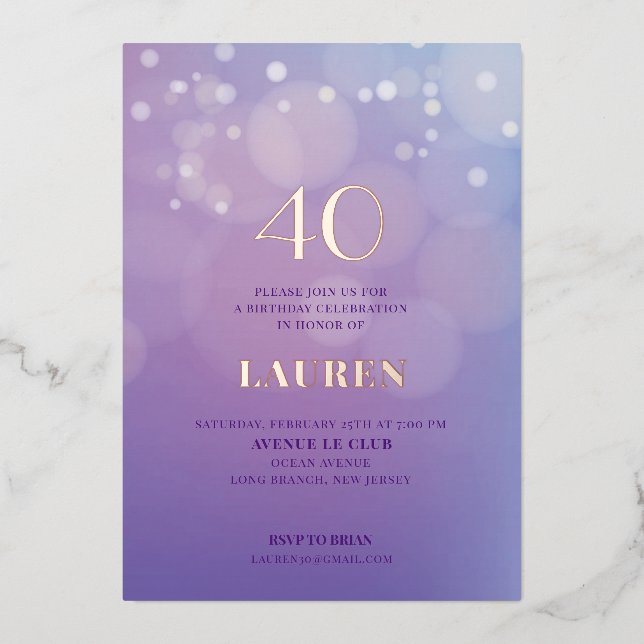 40 Birthday Lilac Foil Invitation (Front)