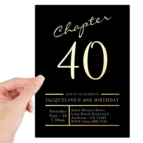 40 Black 40th Birthday Party Gold Foil Invitation