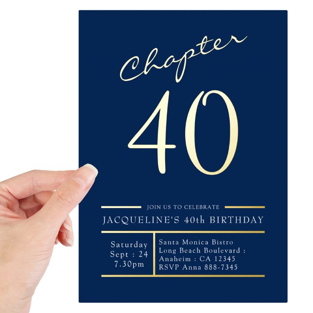 40 Blue 40th Birthday Party Gold Foil Invitation (Creator Uploaded)