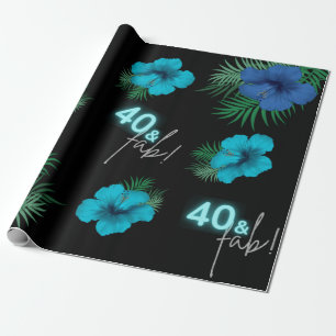 40 & Fab! Neon Blue Silver Black Tropical Birthday Wrapping Paper
