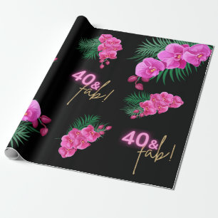 40 & Fab! Neon Pink Gold Black Tropical Birthday Wrapping Paper