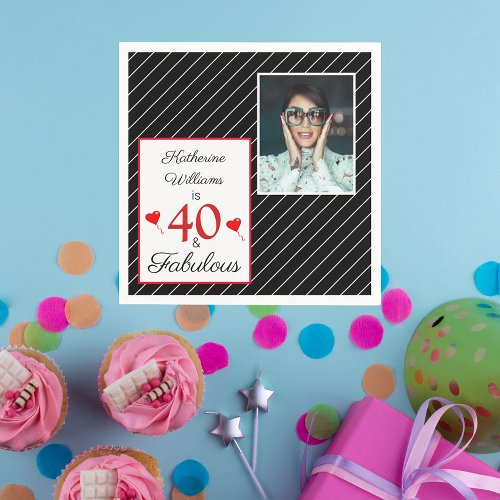 40  Fabulous 40th Birthday Photo Black Paper Napkins