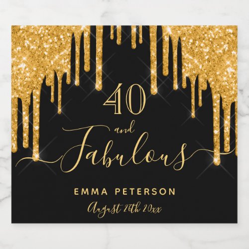 40 fabulous birthday black glitter gold sparkle sparkling wine label