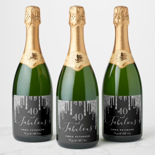 40 fabulous birthday black glitter silver sparkle sparkling wine label