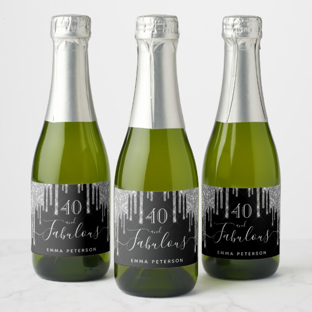 40 fabulous birthday black glitter sparkle silver sparkling wine label (Bottles)