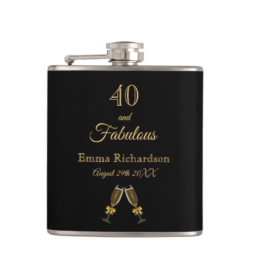 40 fabulous birthday black gold chic monogram flask