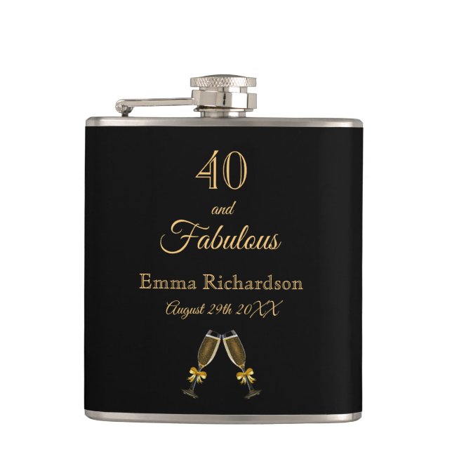 40 fabulous birthday black gold chic monogram flask (Front)
