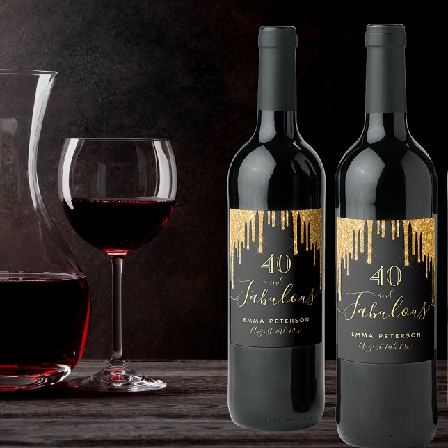 40 fabulous birthday black gold glitter sparkle wine label (Creator Uploaded)