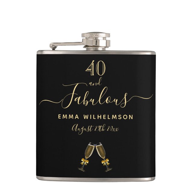 40 fabulous birthday black gold monogram script flask (Front)