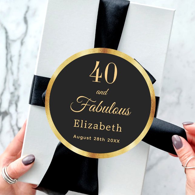 40 fabulous birthday black gold name classic round sticker (Creator Uploaded)