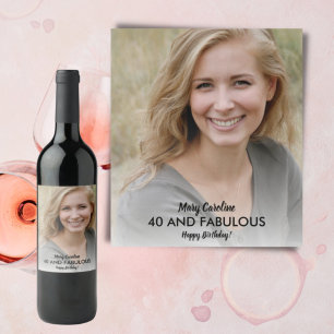 40 Fabulous Birthday Black Modern Script Photo  Wine Label