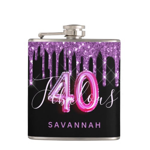 40 Fabulous birthday black purple glitter script Flask