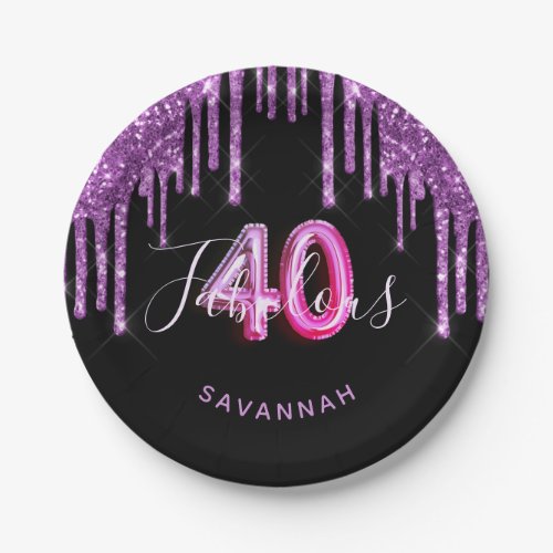 40 Fabulous birthday black purple glitter sparkle Paper Plates